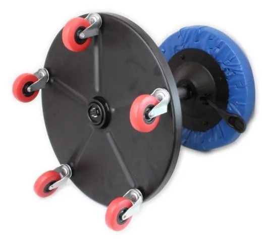 Underside of workshop stool showing black metal base with four red casters and flipped blue padded seat exposing mounting hardware