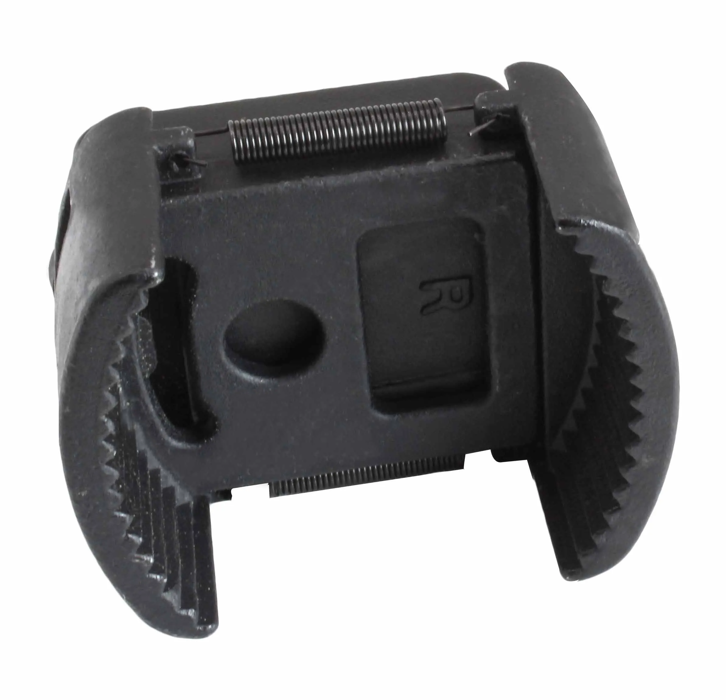 Interior view of black adjustable oil filter cap wrench showing serrated jaws, spring, round hole and 'R' stamp