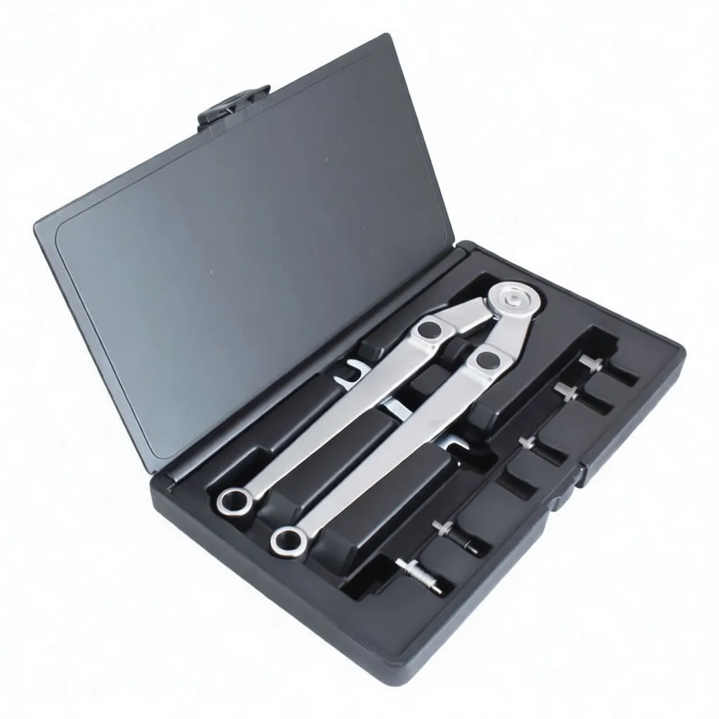 Angled shot of open case showing two chrome articulated wrenches with circular heads and six small threaded studs in molded compartments