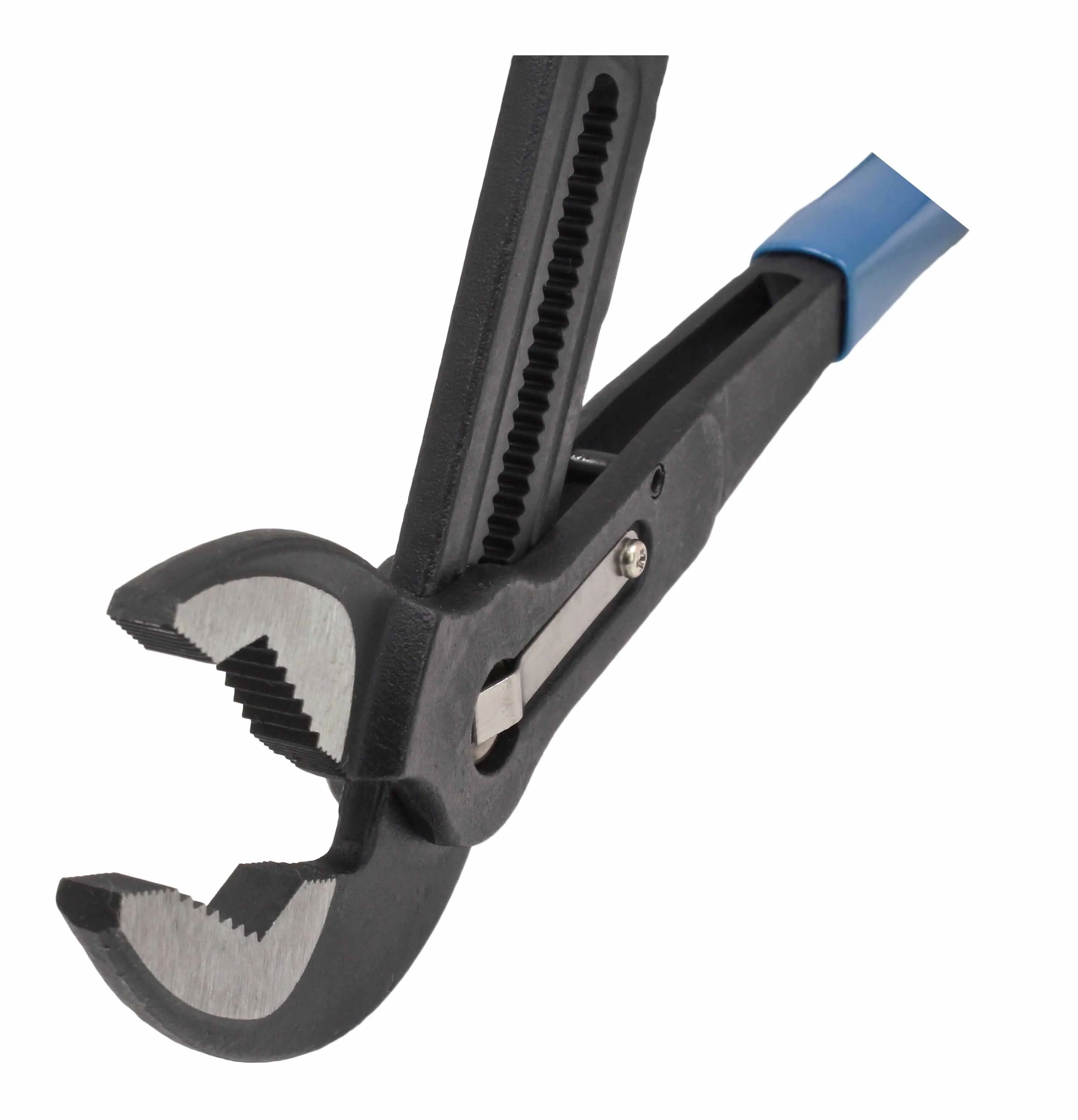 Close-up of plier jaws, serrations, adjustment teeth and metal locking plate