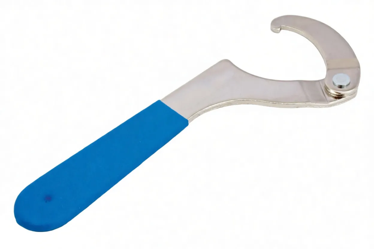 side view of a C-hook adjustable spanner wrench with visible pivot bolt and blue rubber handle