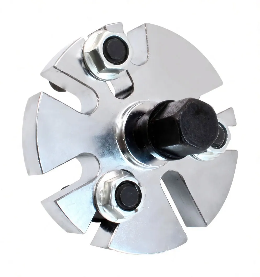 Front view of puller showing hex head forcing bolt, chrome plate with slots and three stud pins with nuts