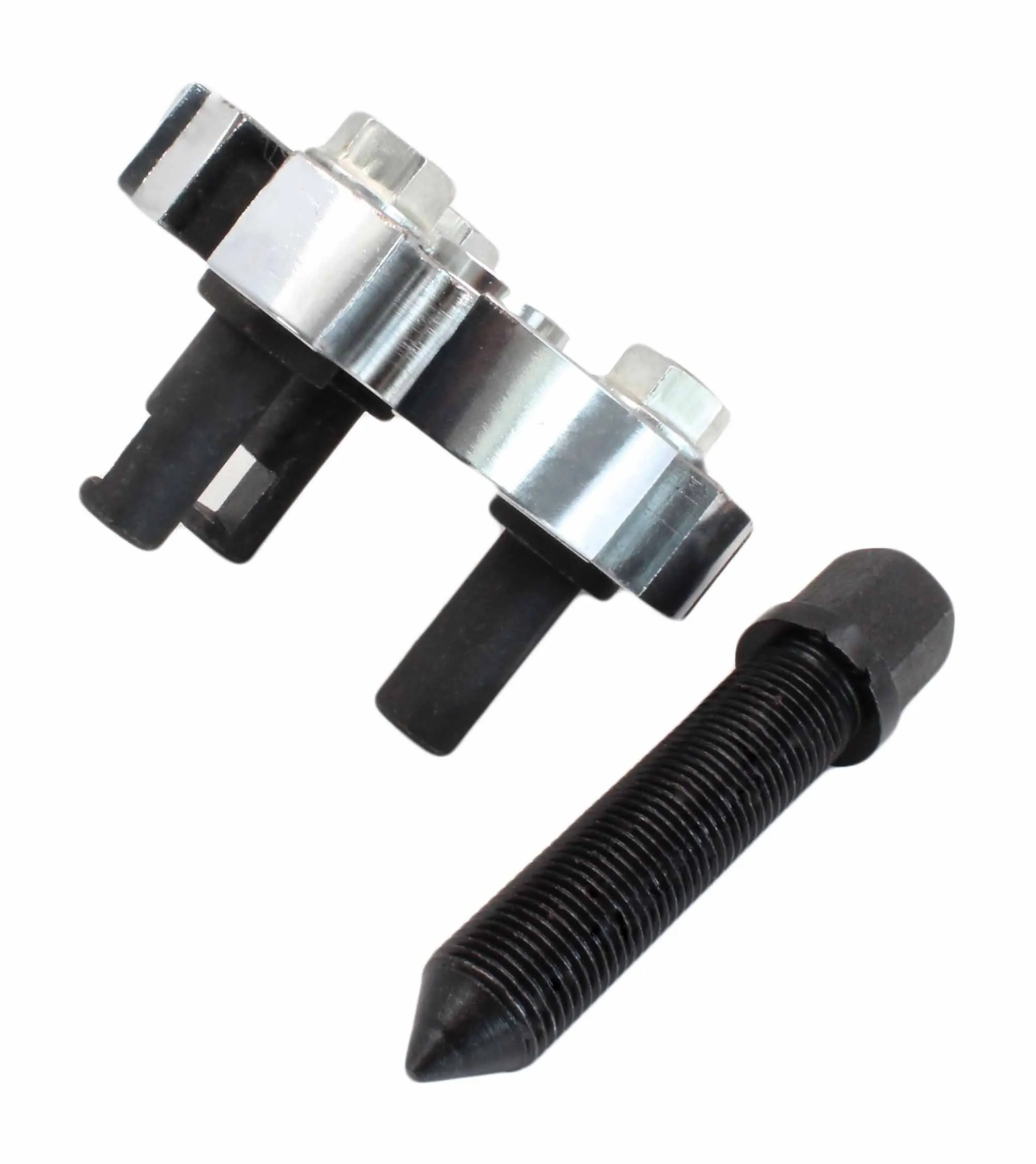 Side view of adapter plate with three studs and separate long threaded forcing screw with pointed tip