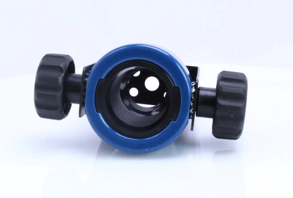 Front view into the blue tool holder showing interior liner, ventilation holes and two black thumbscrews