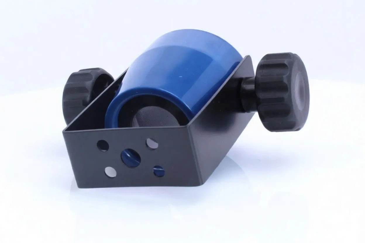 Angled view of blue cup seated in black metal cradle bracket with circular holes and one black adjustment knob