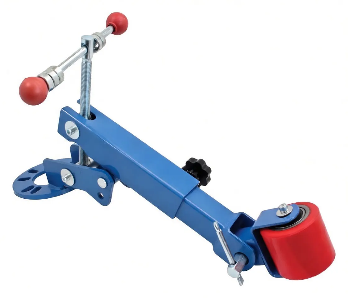 Top rear view of blue fender venting machine showing main arm with white logo, vertical threaded rod and red roller