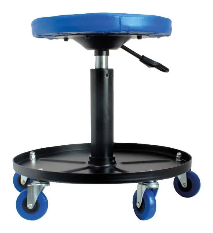 Side view of an adjustable blue-seat workshop stool with height lever and black tray base on blue casters