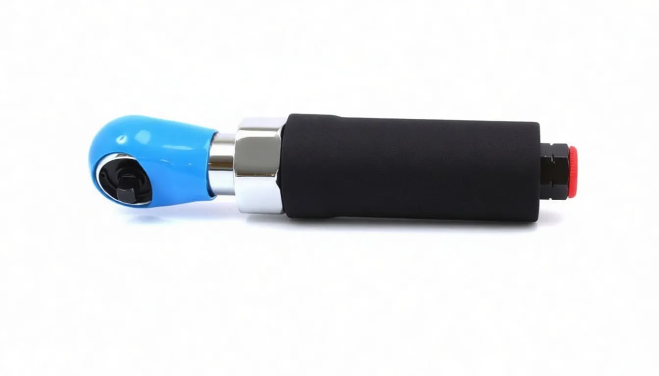 Top/side view of compact ASTA air ratchet wrench with visible specification label, CE mark, chrome neck and red air inlet