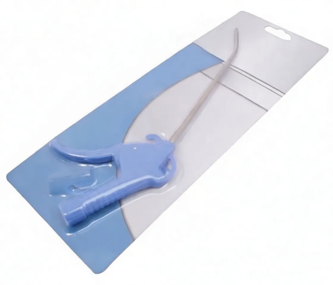 Blue plastic air blow gun with ergonomic trigger and long bent metal nozzle on white background