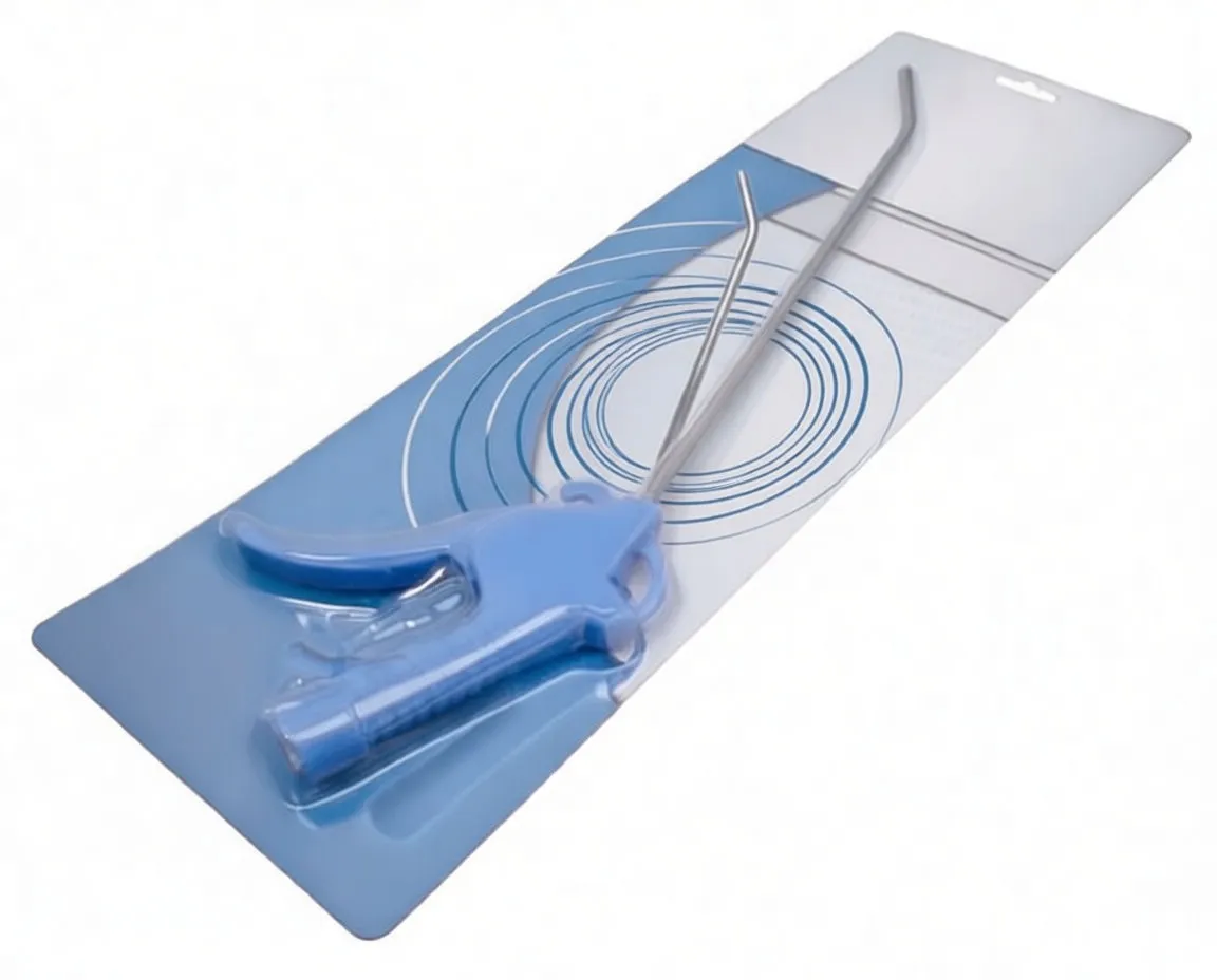 Blue pistol-style air blow gun with curved trigger and long bent metal nozzle on white background