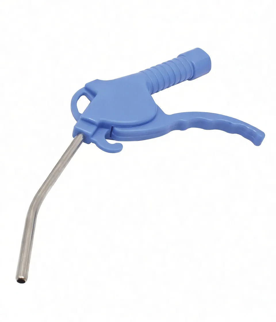 Blue handheld air blow gun with bent metal nozzle and ribbed handle, shown unobstructed on white background