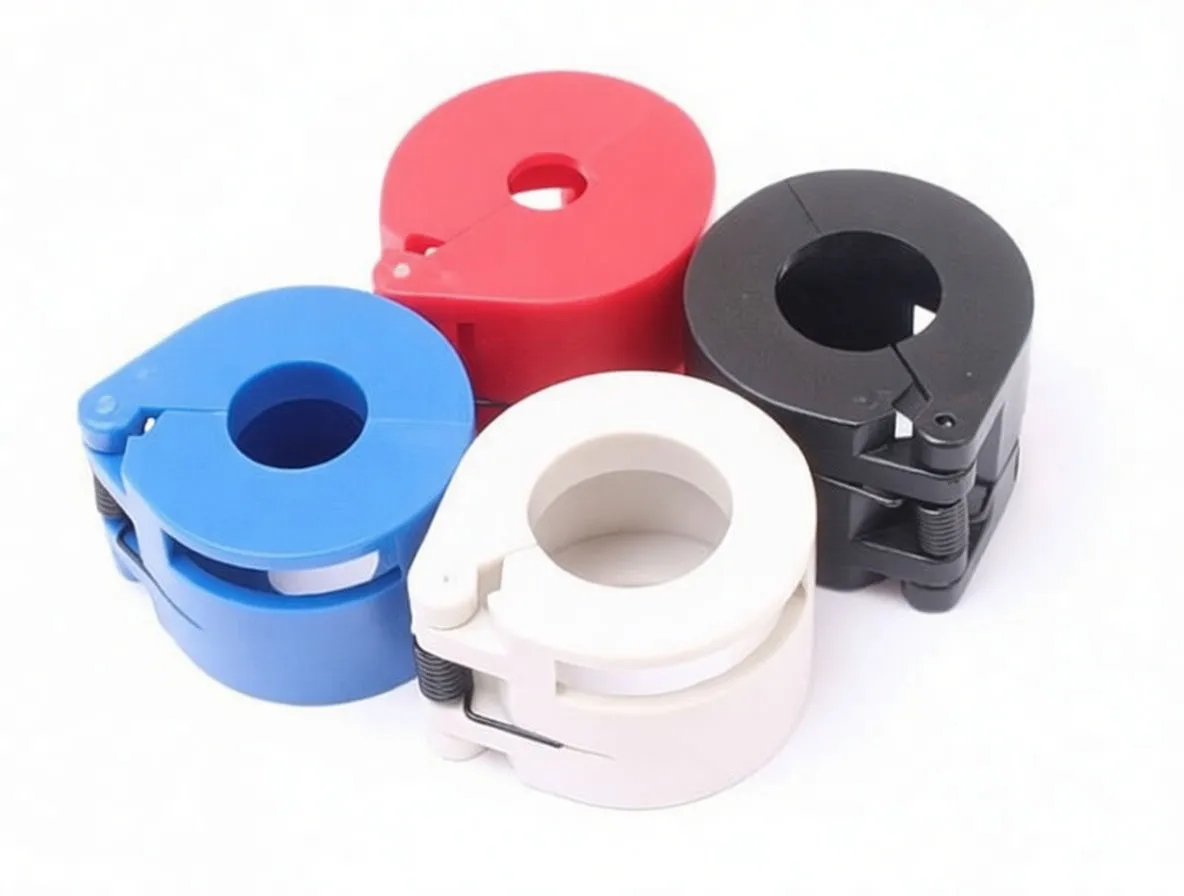 Close-up of red, black, blue and white circular tubing clamps showing printed marking on red clip and metal spring hinge details