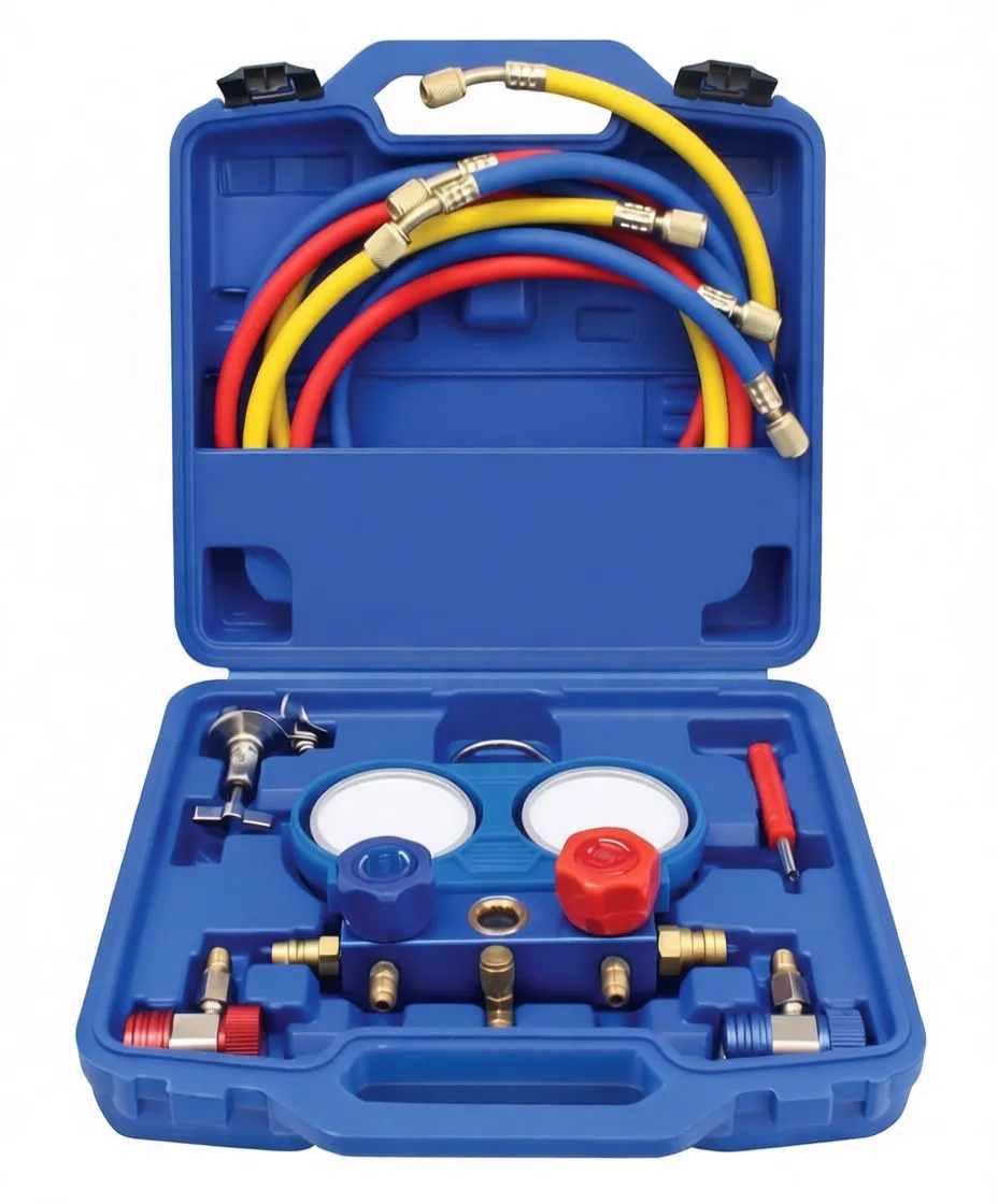 Angled view of manifold gauge set in open blue case showing hoses, gauges, knobs and tools
