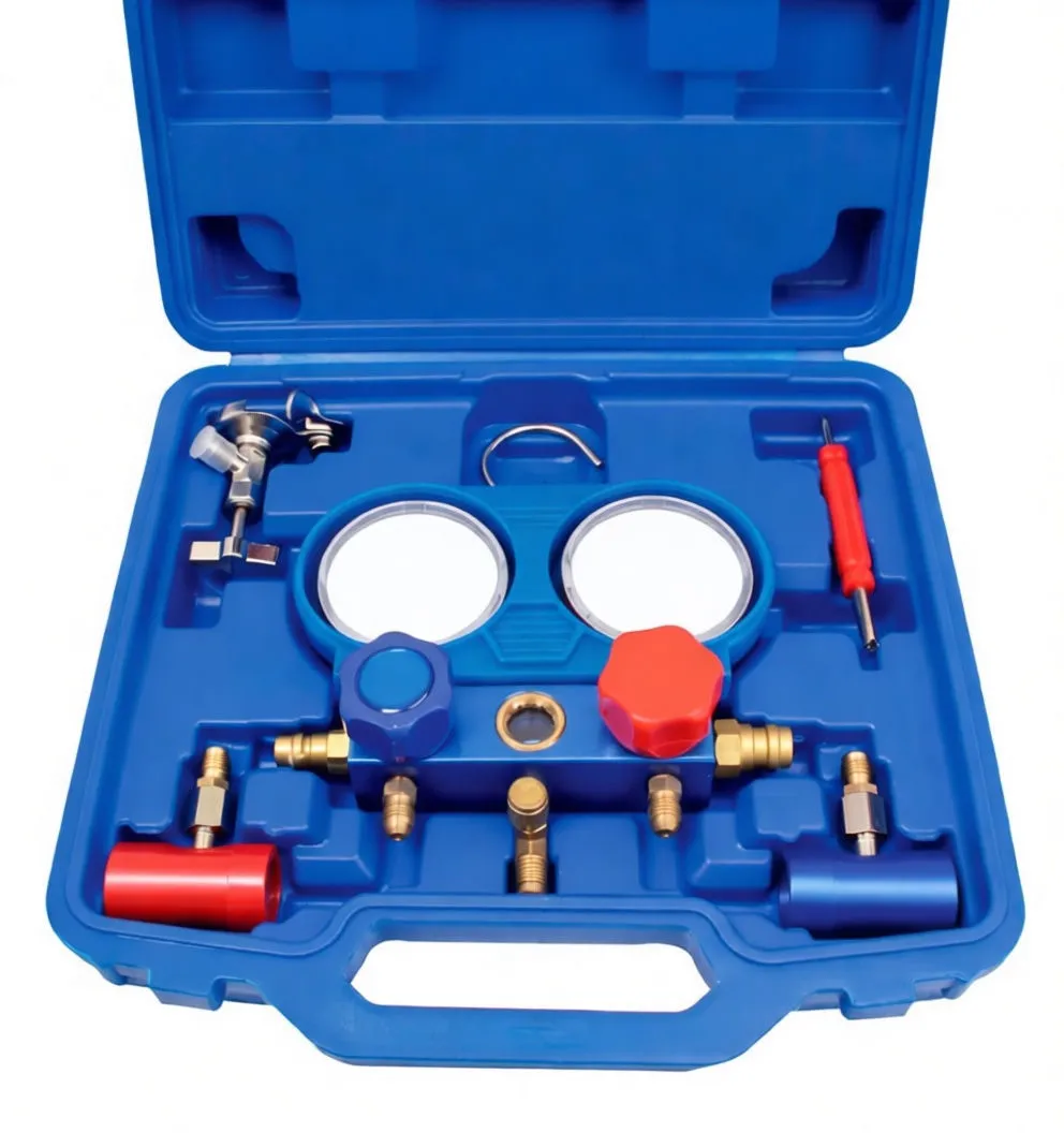 Close-up of manifold gauges showing two dial faces, blue 'LOW' and red 'HIGH' knobs and brass ports