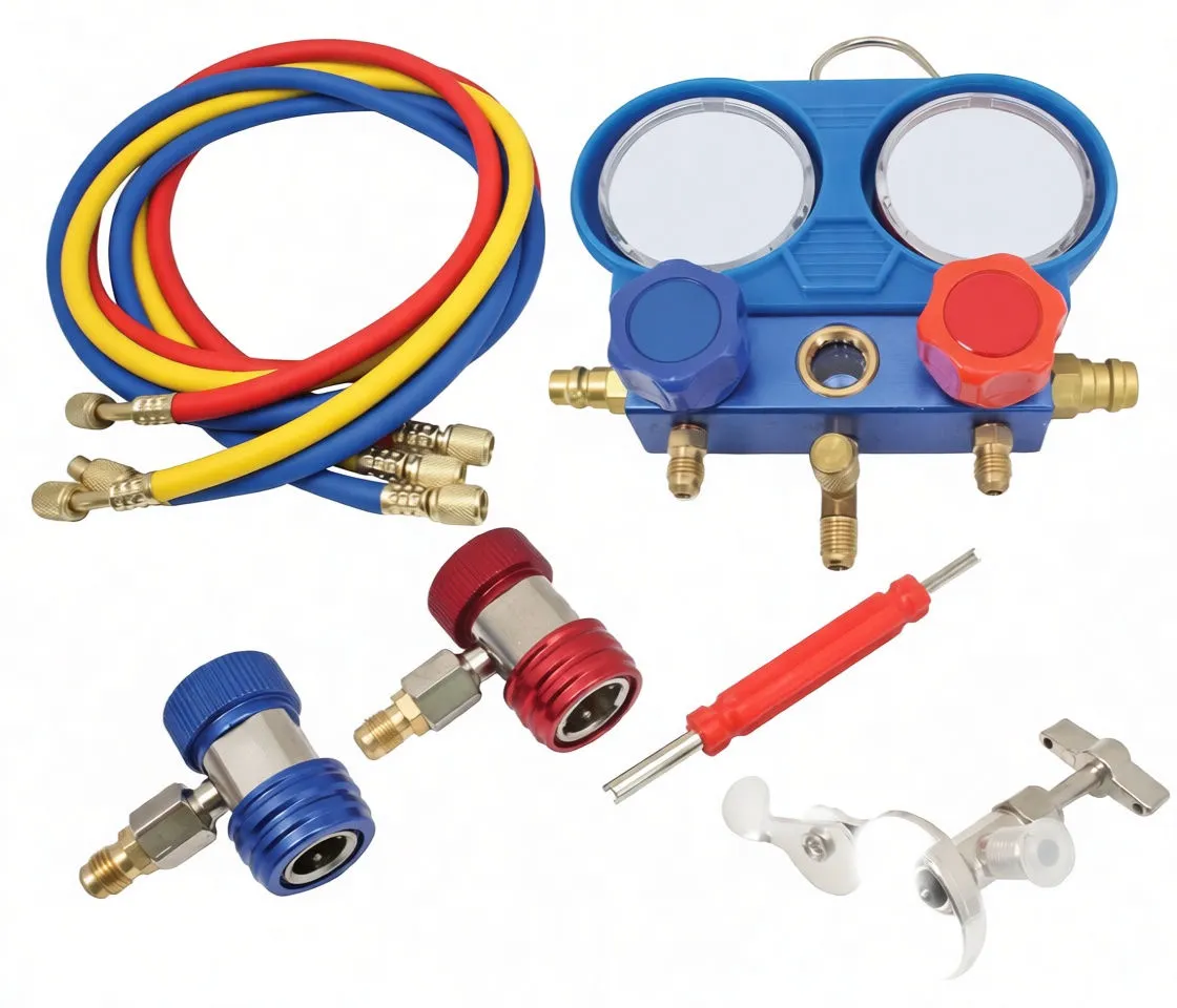 Manifold gauge set and accessories laid out showing hoses, manifold, quick couplers and tools
