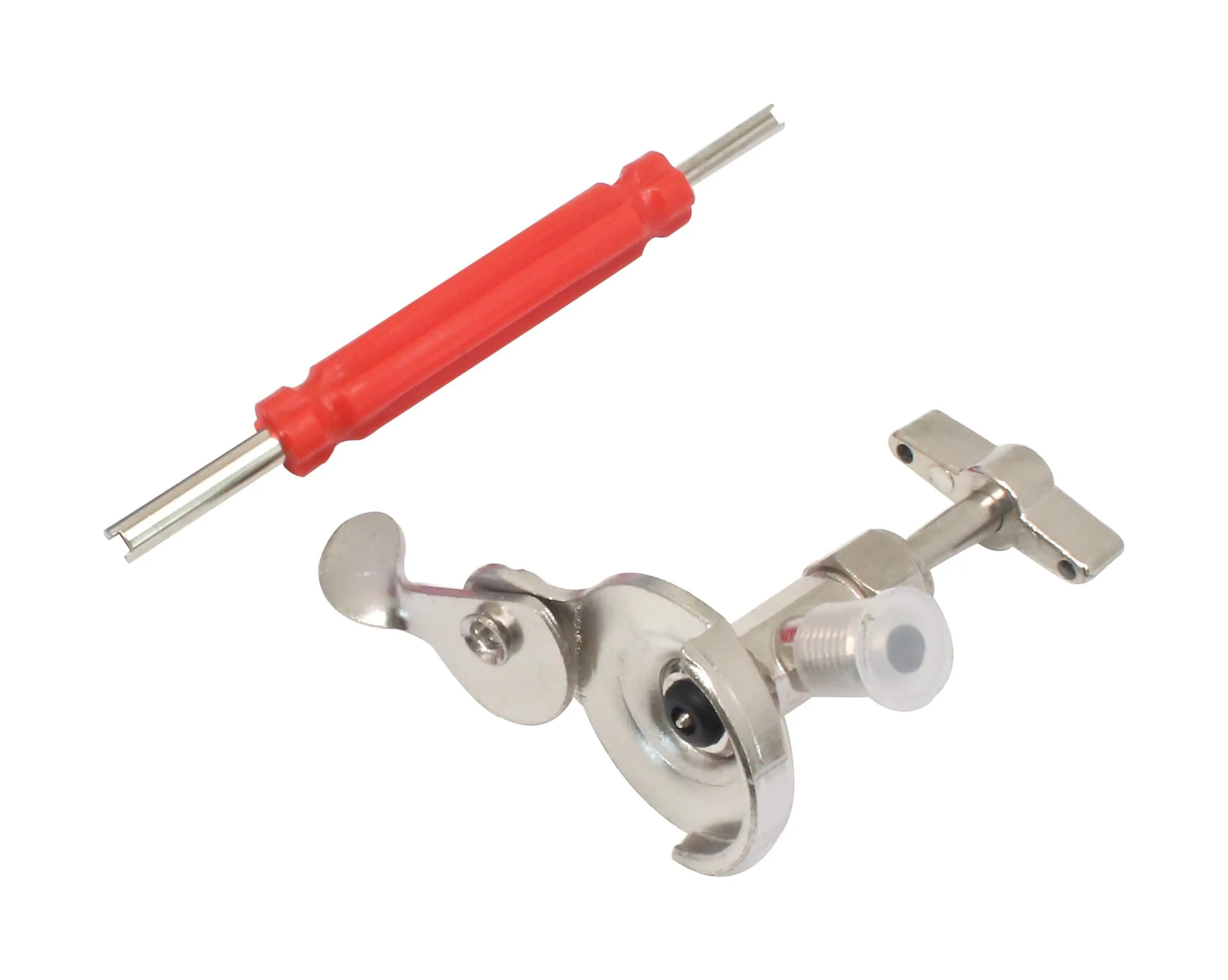 Close-up of red-handled valve core tool and chrome can tap/service valve accessory