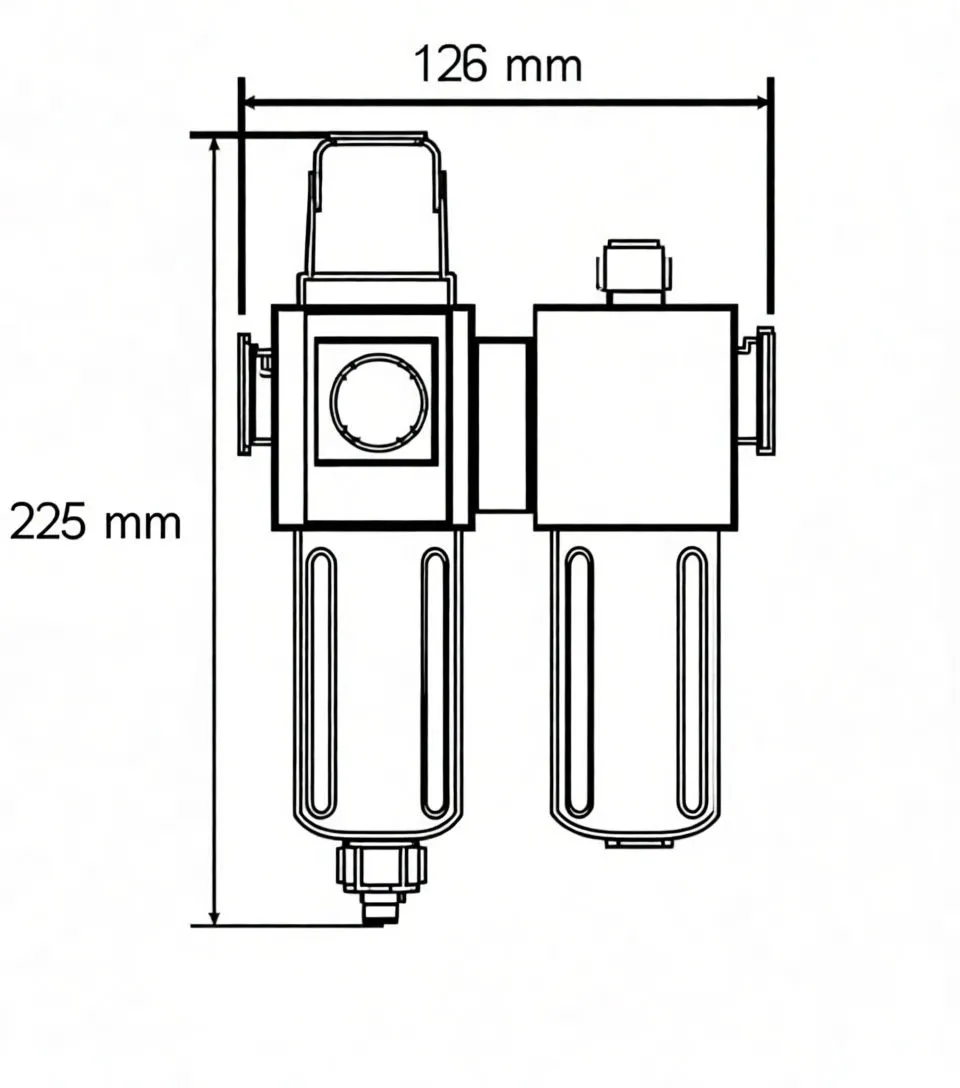 Schematic drawing of two-part air control unit with dimensions 126 mm by 225 mm and ASTA logo
