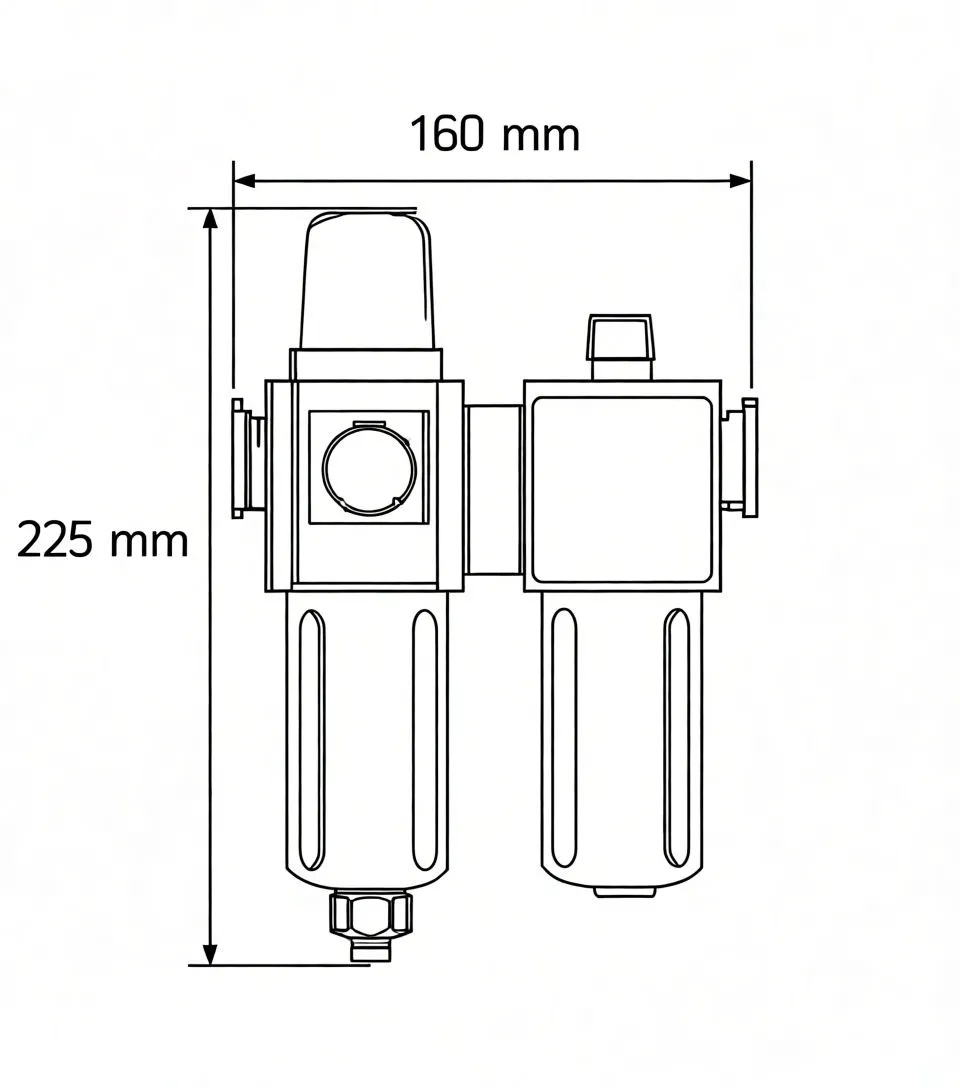 Line drawing of air filter-regulator-lubricator unit with dimensions 160 mm by 225 mm and SaTra logo.