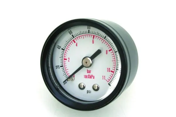 Close-up of round pressure gauge with white dial, red bar scale 0–11 and black psi scale, black bezel.