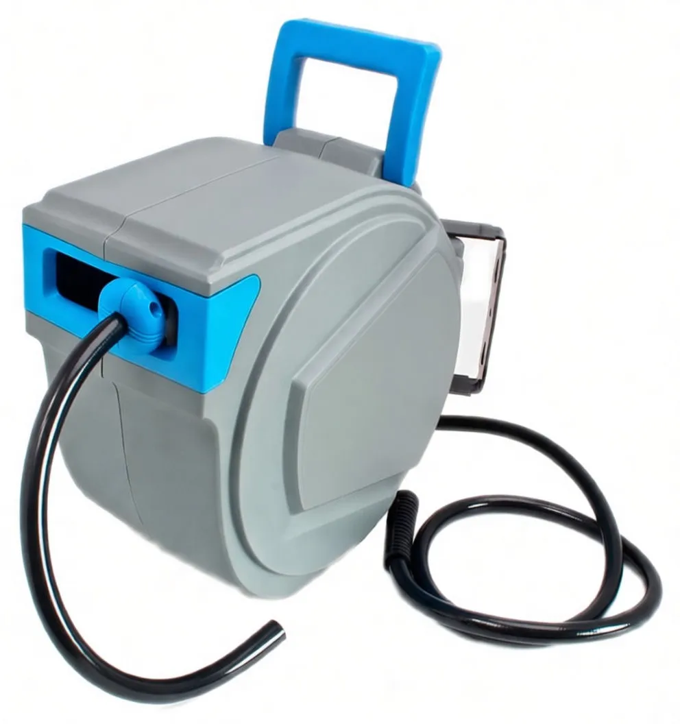 Side view of ASTA grey-blue hose reel with handle up, coiled black braided hose, and mounting plate