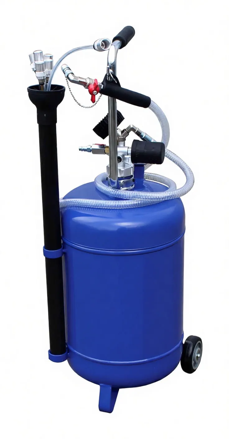 Three-quarter view of blue ASTA-branded air-operated oil drainer showing chrome handle with foam grips, clear hose, quick-connect couplers, pump fittings and wheels.