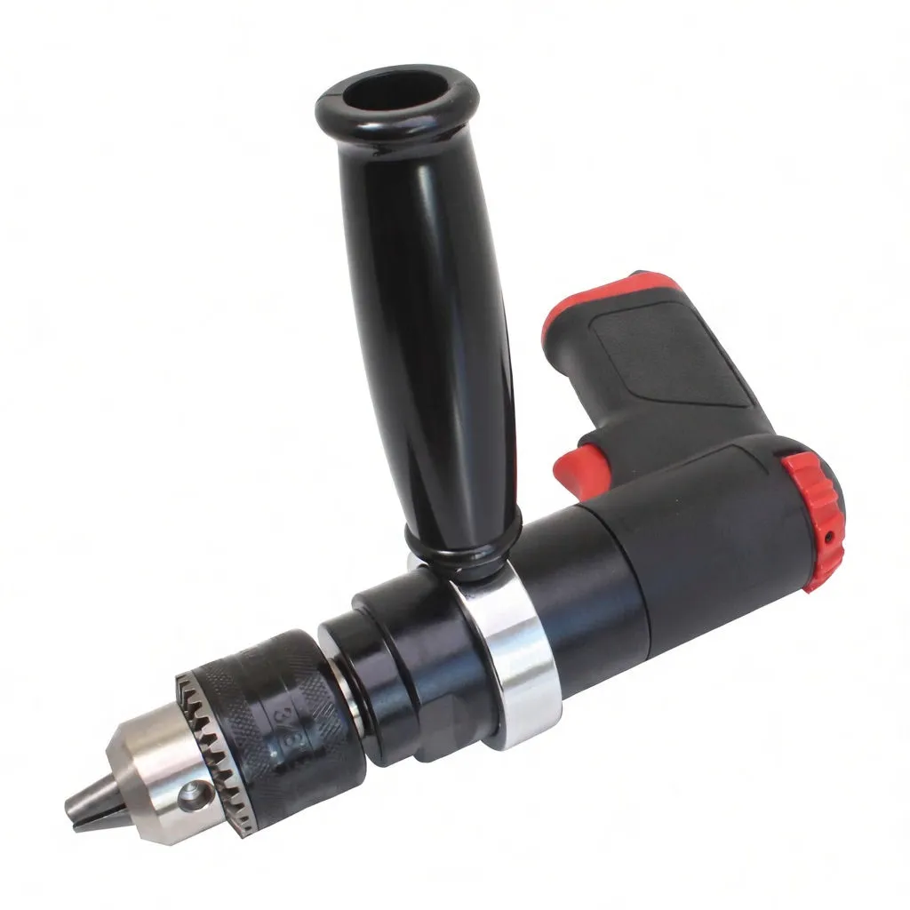 Top-front view of air-powered pistol drill showing chuck, ribbed side handle and rear selector dial