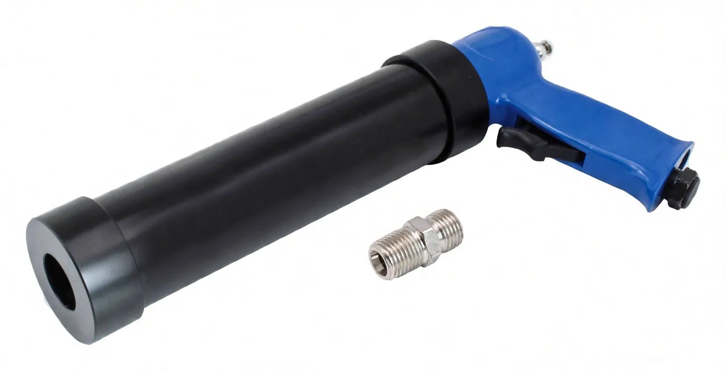 Angled rear view of air silicone gun showing blue housing with small white label and black cartridge tube