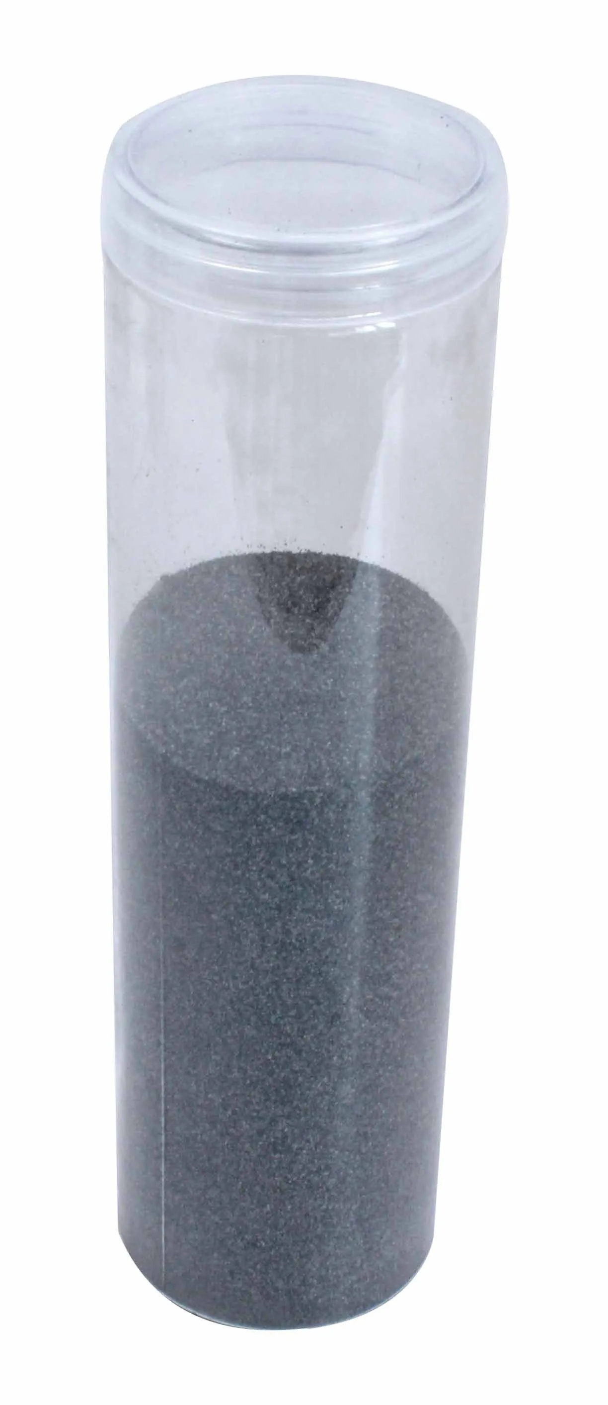 Transparent tube filled with grey abrasive grit for sandblasting