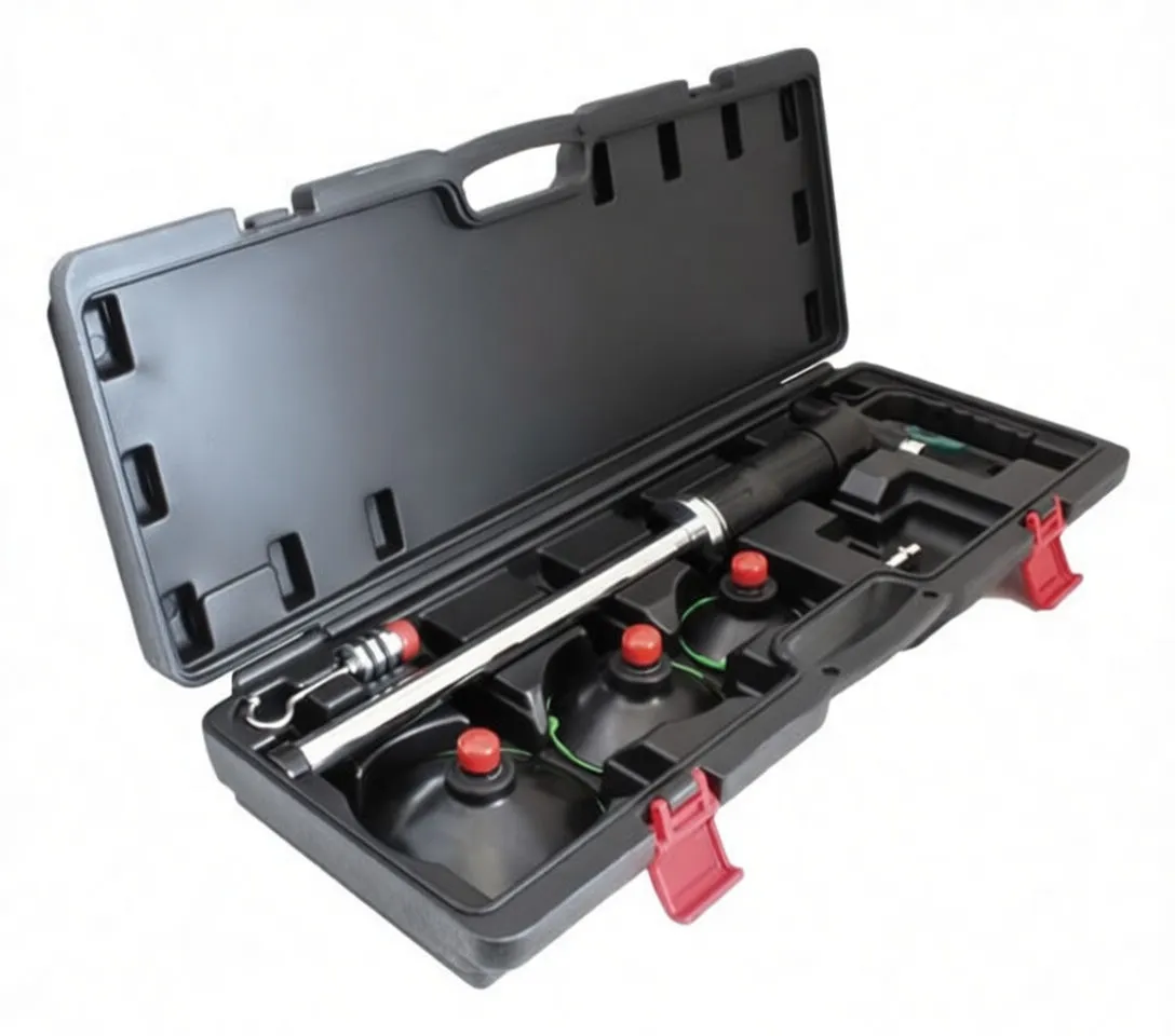 Angled open case with chrome rod, pistol handle, and three suction pads