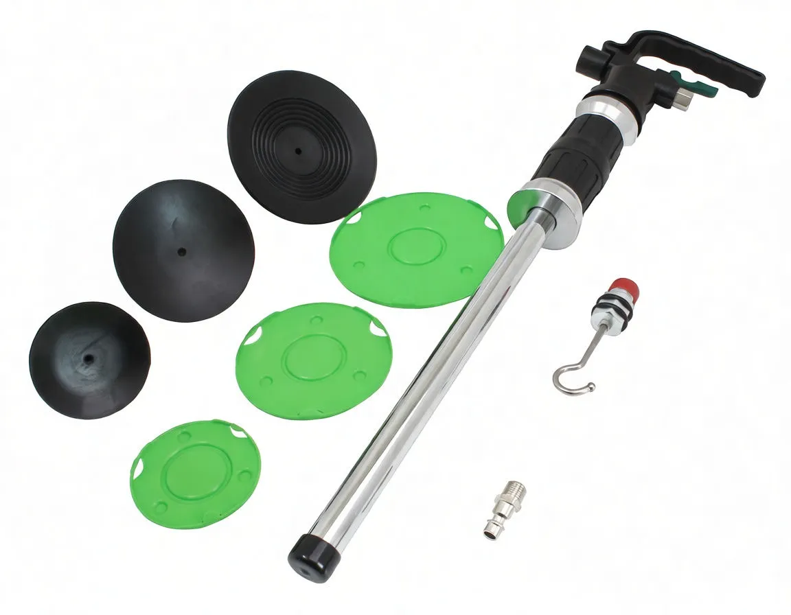 Dent puller parts: chrome rod with handle, three suction cups, green adapters, hook and fittings