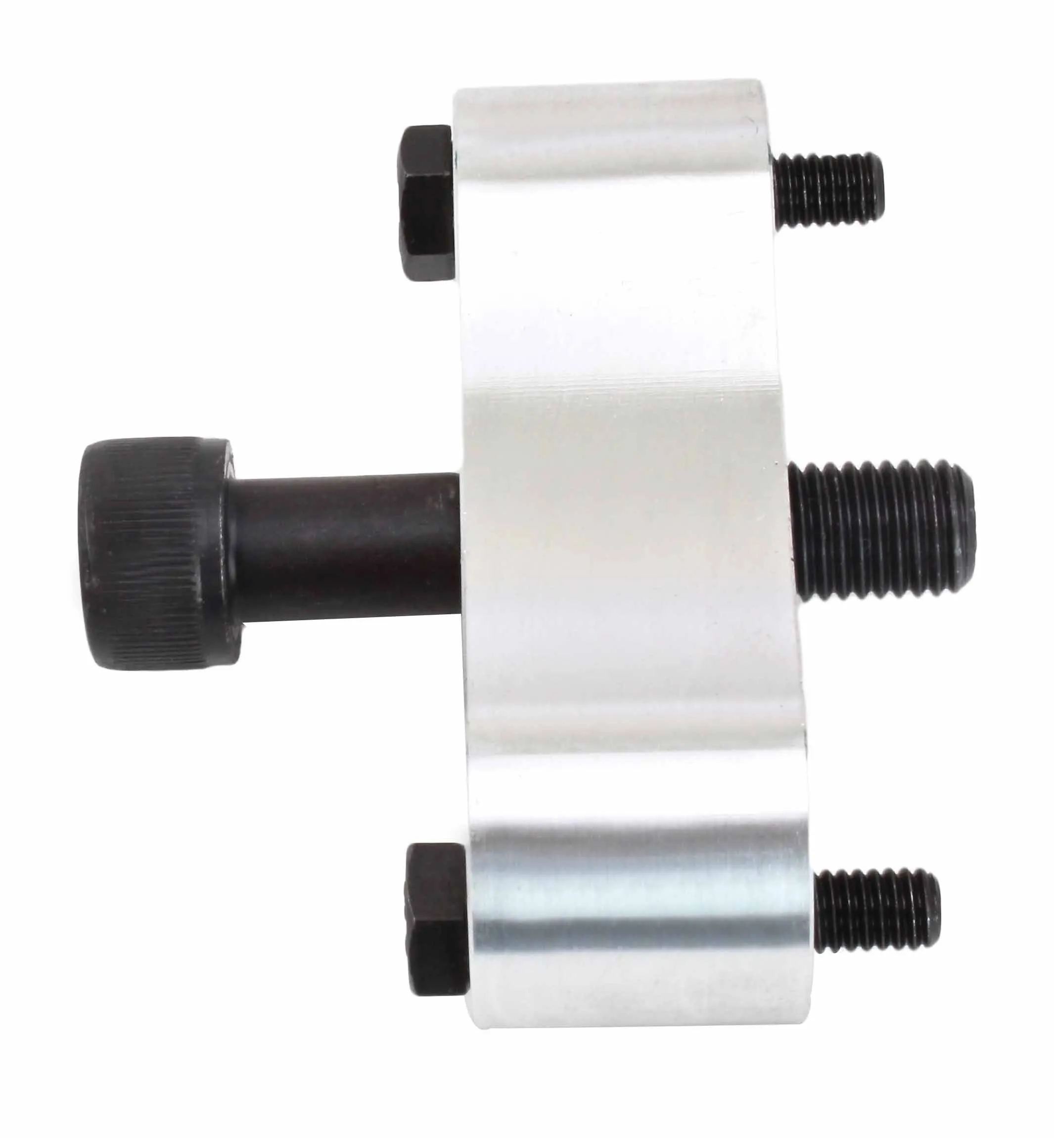 Side view of alternator cover puller — curved aluminum body on edge, central black pressure bolt to the left and two threaded studs to the right; visible stamped marking on metal.