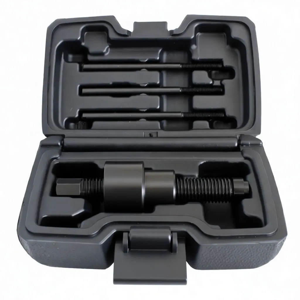 Alternator cover puller and three threaded rods removed from case; main puller with hex drive and ASTA A-MK817 marking plus three black threaded extractor rods, one with a slotted tip.