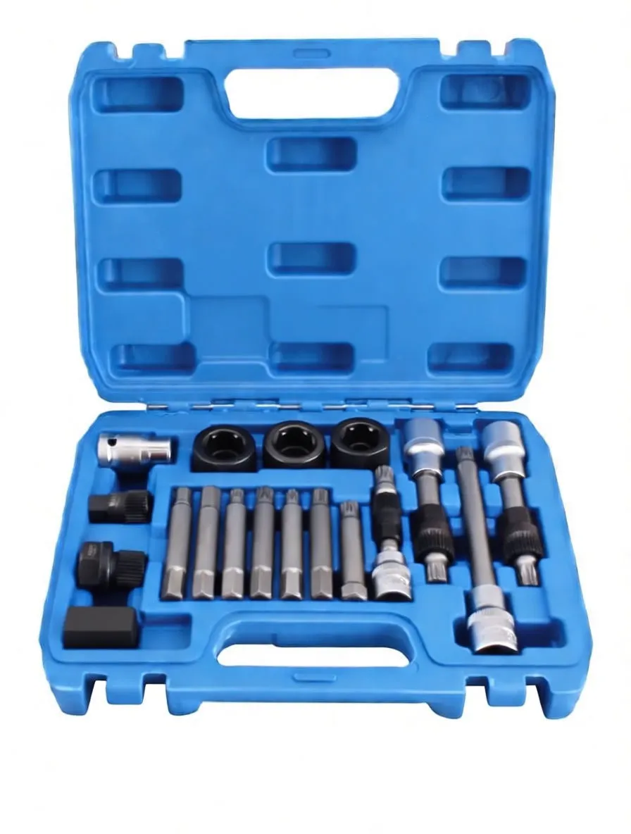 Flat lay of alternator removal kit parts showing black adapter sleeves (marked), several steel driver bits, chrome socket adapters and long extension bars