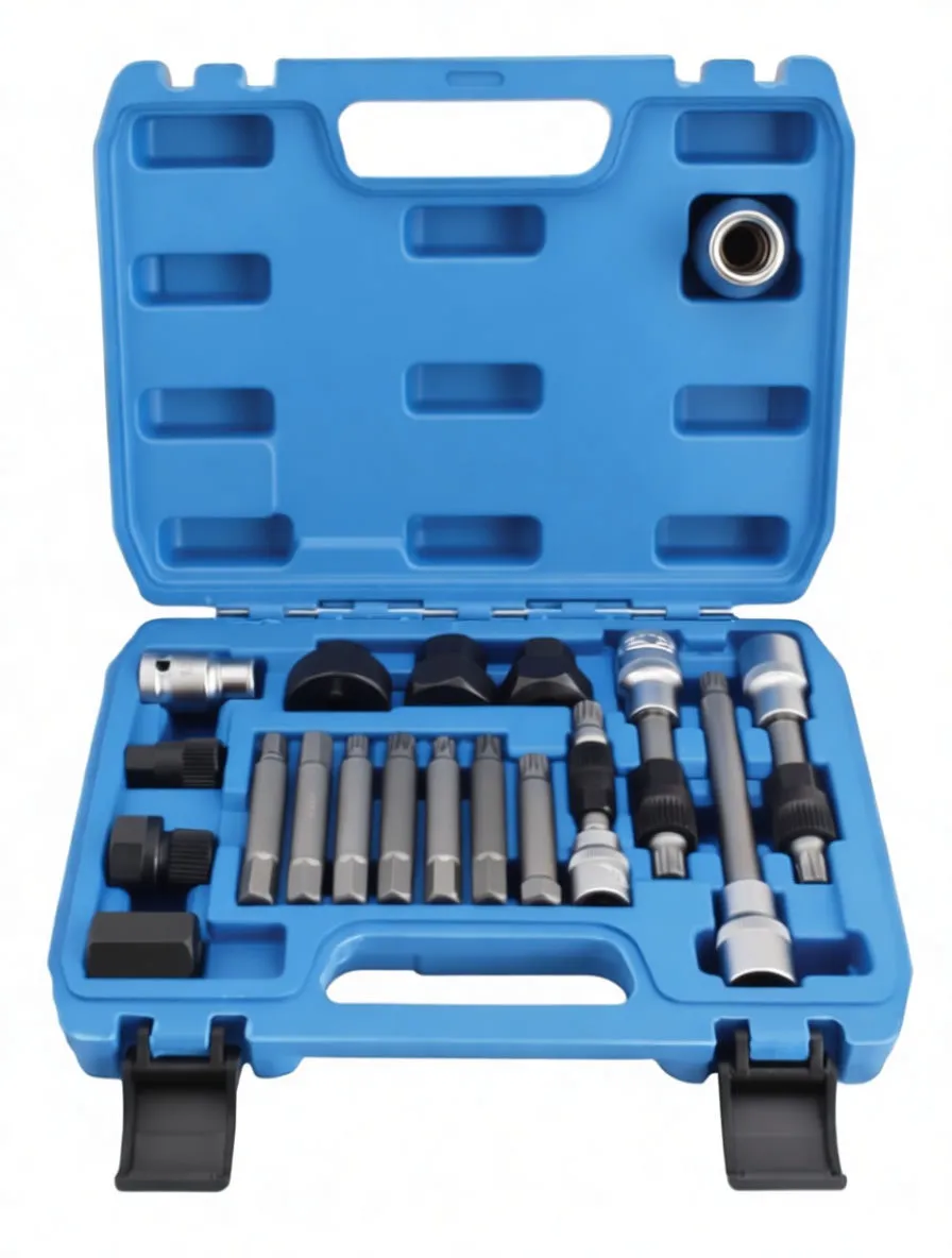 Angled view of open blue carrying case with assorted extractor bits, adapter collars and chrome extension bars in molded compartments