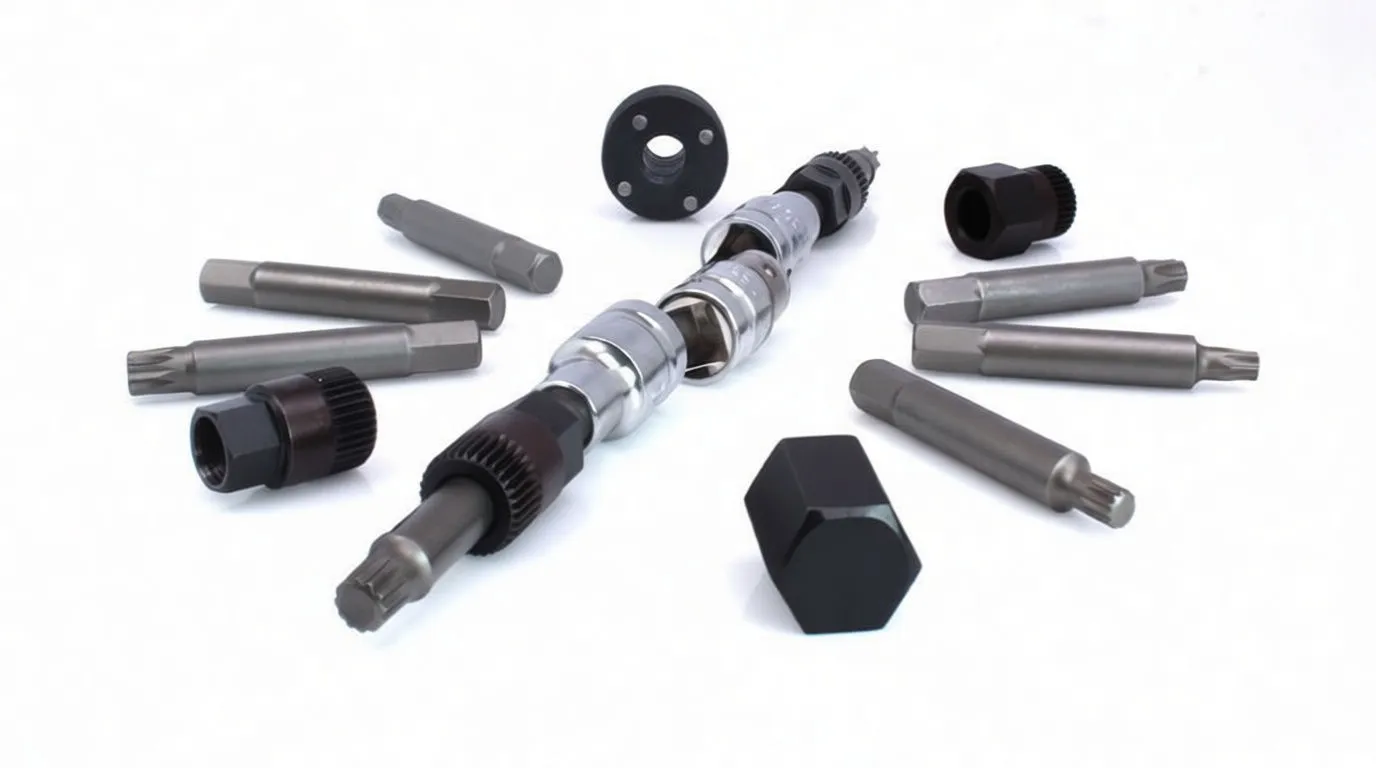 Scattered alternator removal tools on white background showing chrome socket assembly, multiple splined driver bits and dark splined collets.