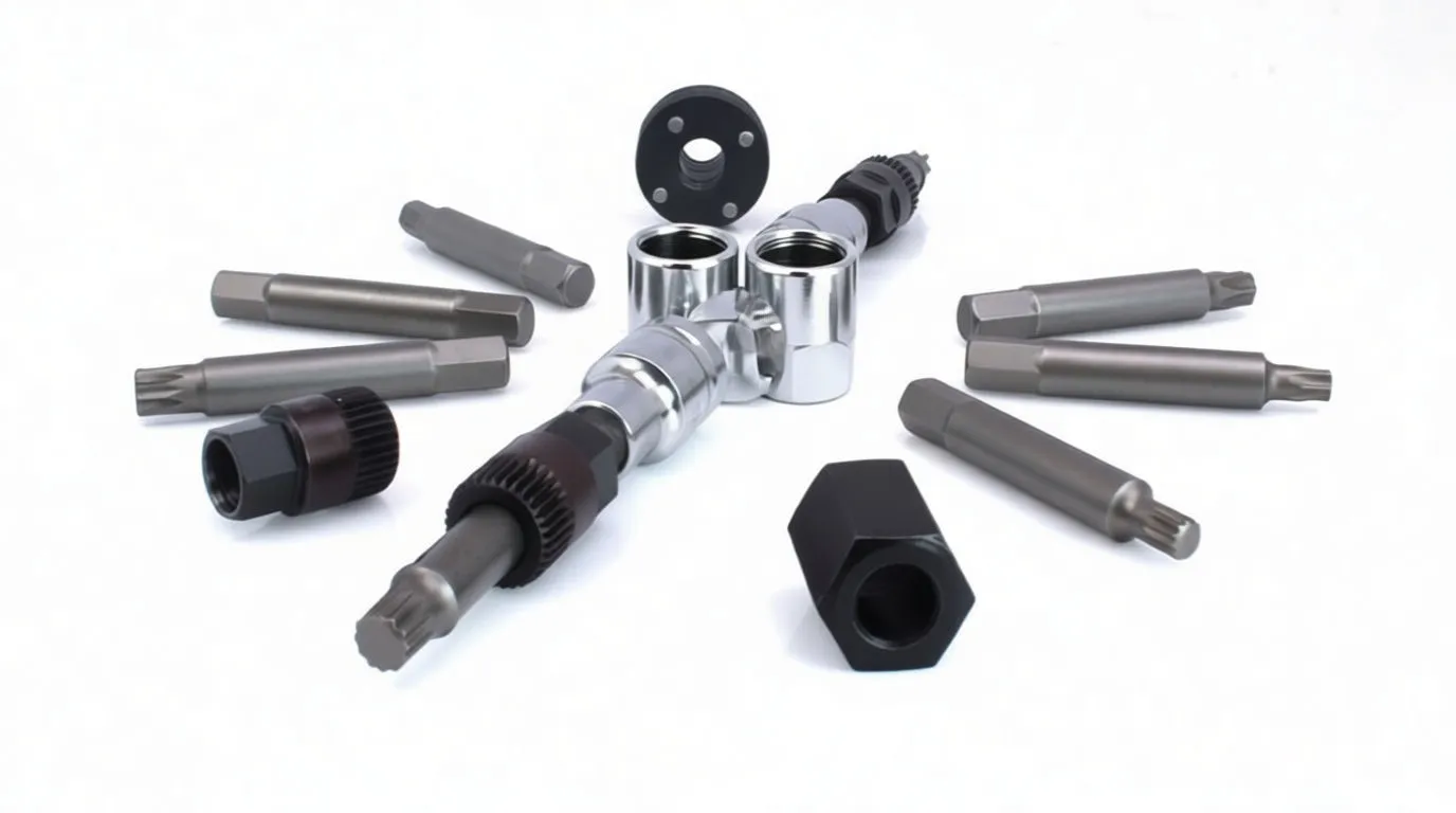 Assorted alternator freewheel removal tools laid out on white: chrome sockets, multi-lobe spline bits, dark extraction cups and a black hex adapter.