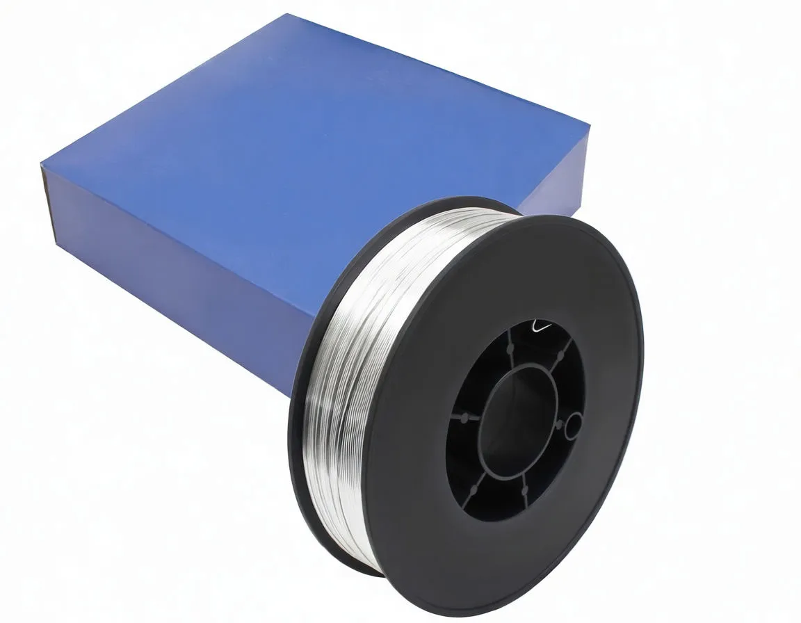 Angled shot of aluminum welding wire spool with product label on the blue box showing '4043' and weight marking.