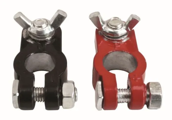 Top-front view of black and red battery terminals showing post sockets, wing nuts and clamping bolts