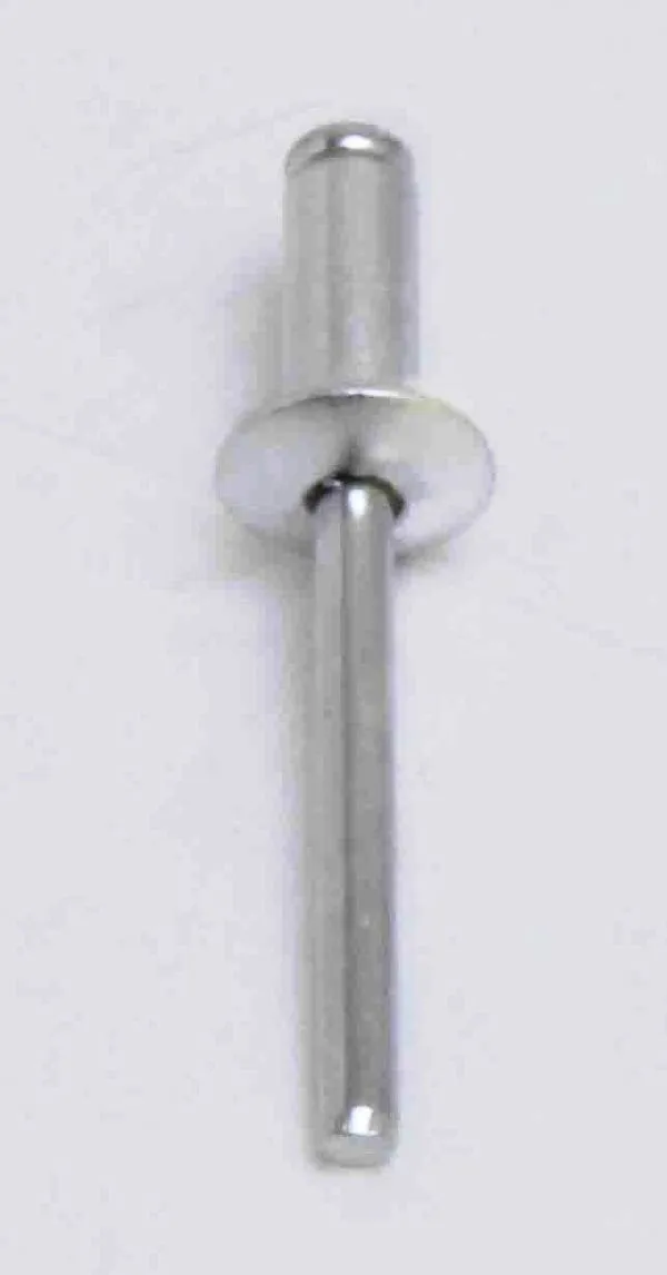 Close-up single silver blind rivet showing flange head, sleeve and mandrel