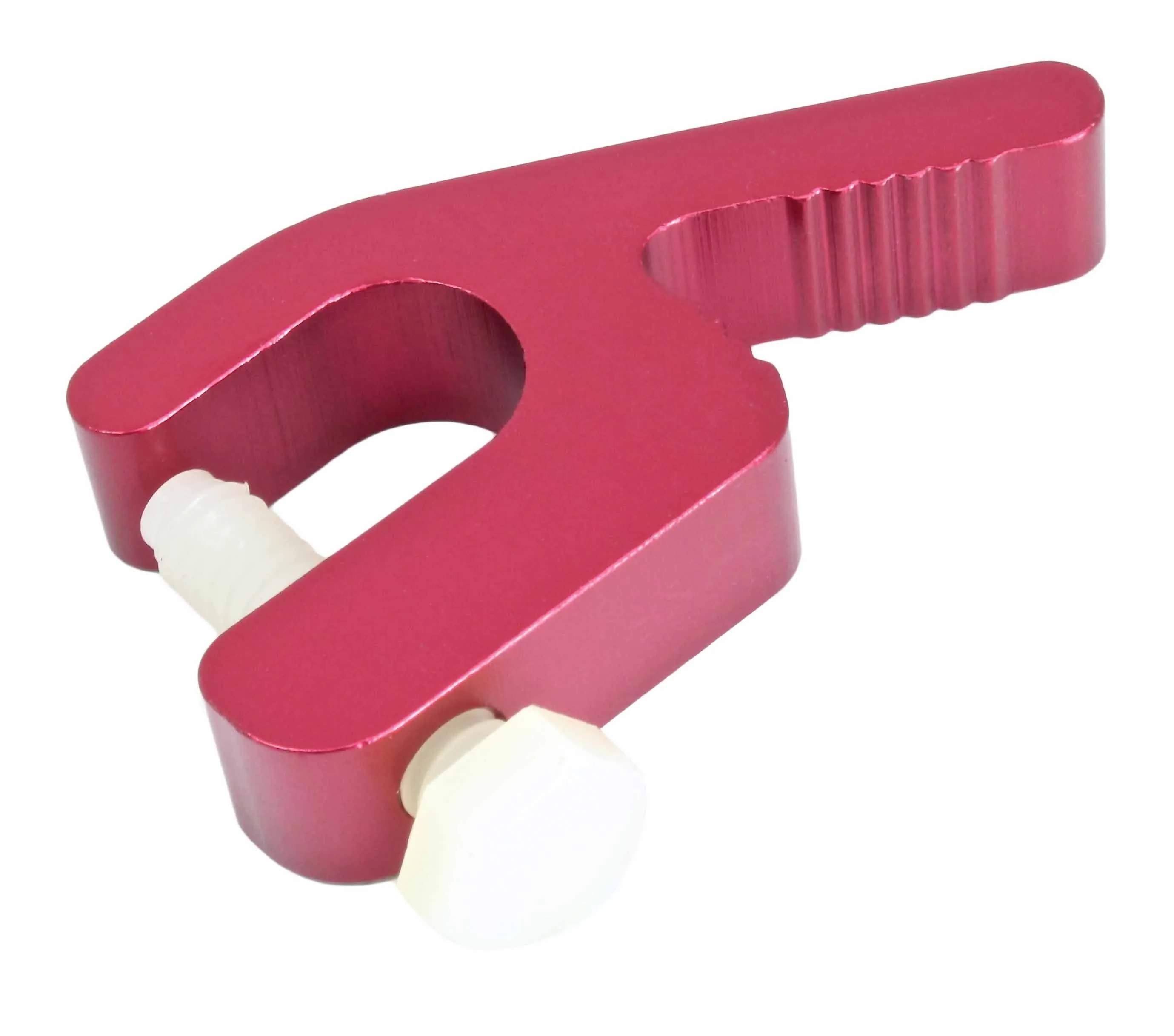 Rear angled view of red aluminum tire bead tool with visible white plastic screw head and ribbed handle