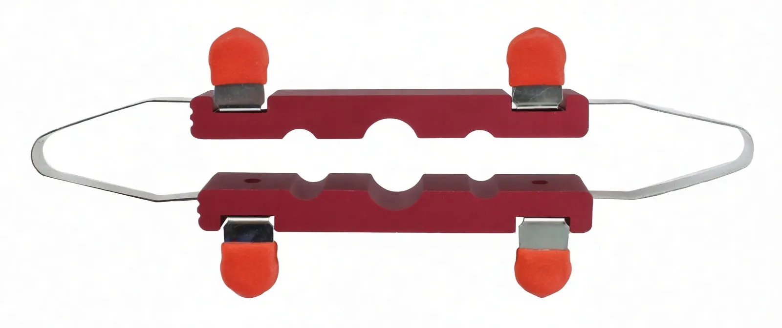 Top view of red anodized vise inserts showing ASTA A-MK383 marking, orange pads and silver strap