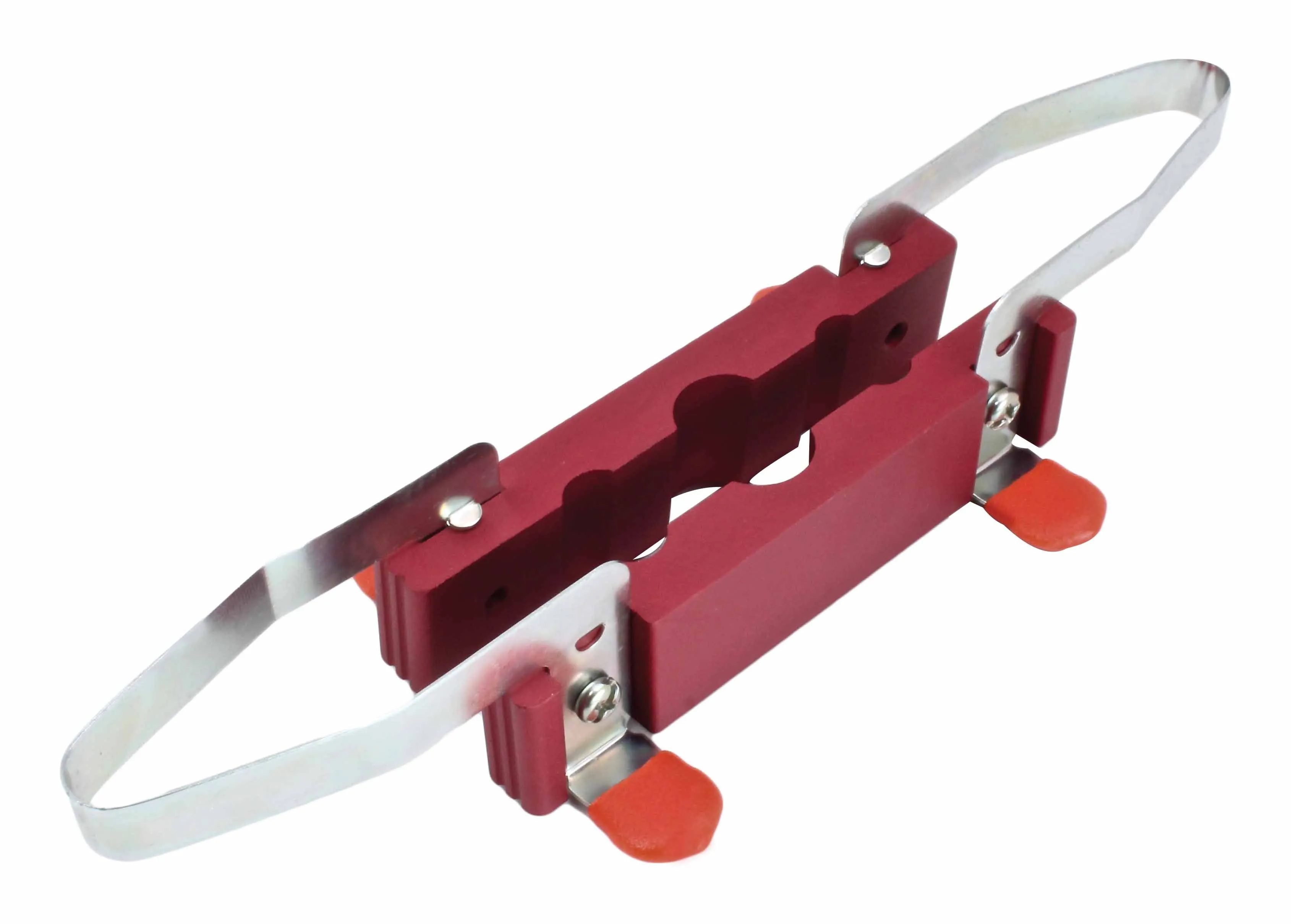 Side view of aluminum vise inserts showing metal clips, orange caps and stainless strap