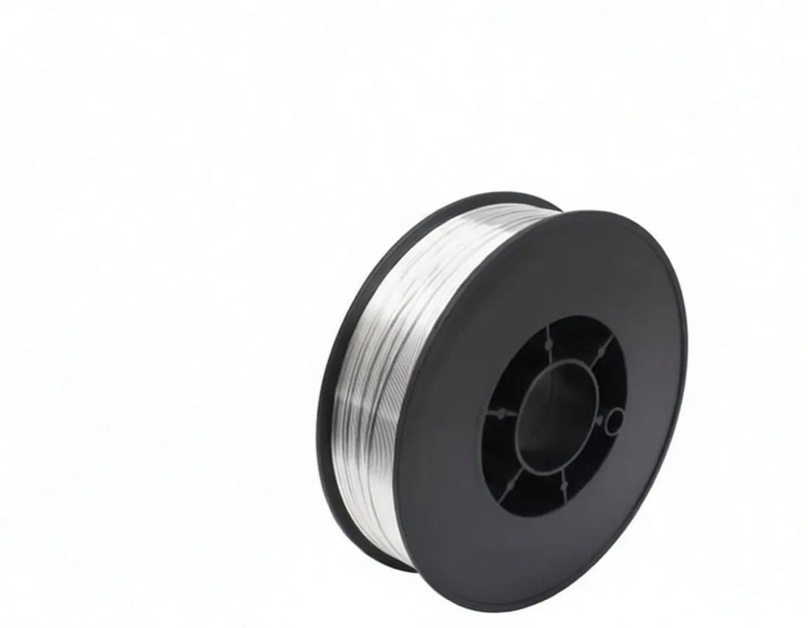 Angled shot of aluminum welding wire spool beside a blue 'saTra' product box showing '2kg' marking