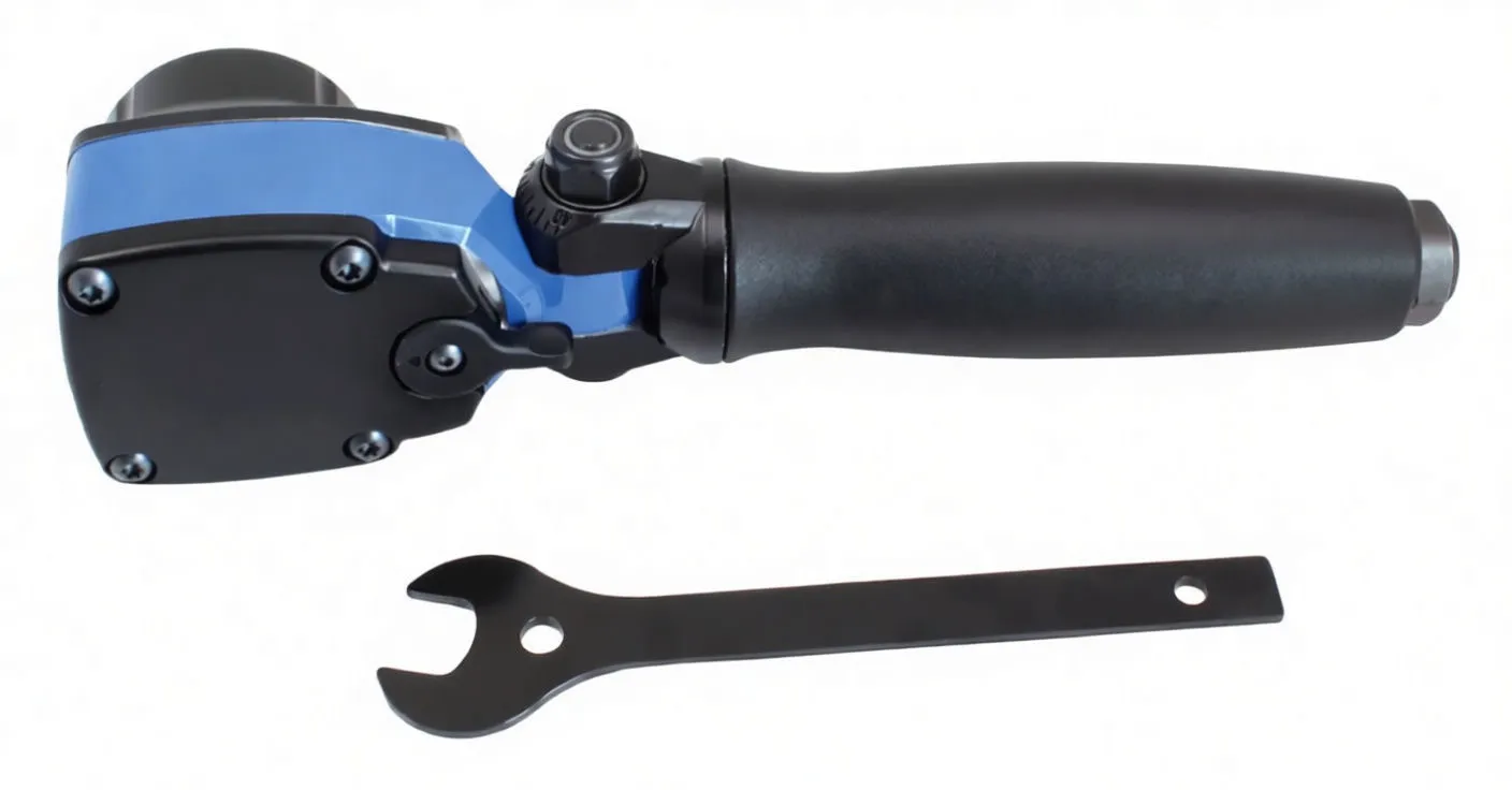 Side view of angle impact wrench showing square drive and included spanner wrench