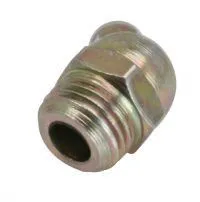 Close-up of corrosion‑resistant metal grease fitting showing threaded male end and hex flats