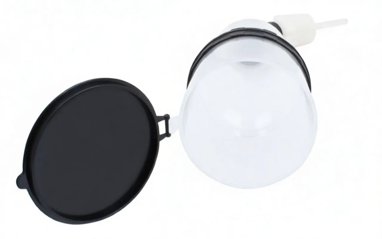 Looking into the translucent funnel with open black lid, visible six-spoke internal baffle and central rod; black band and blue marking on reservoir, white adapter and clear outlet tube behind.