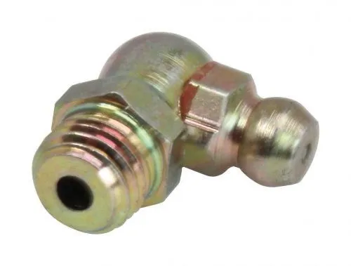 Close view of grease fitting showing threaded opening, hex flats and domed nipple