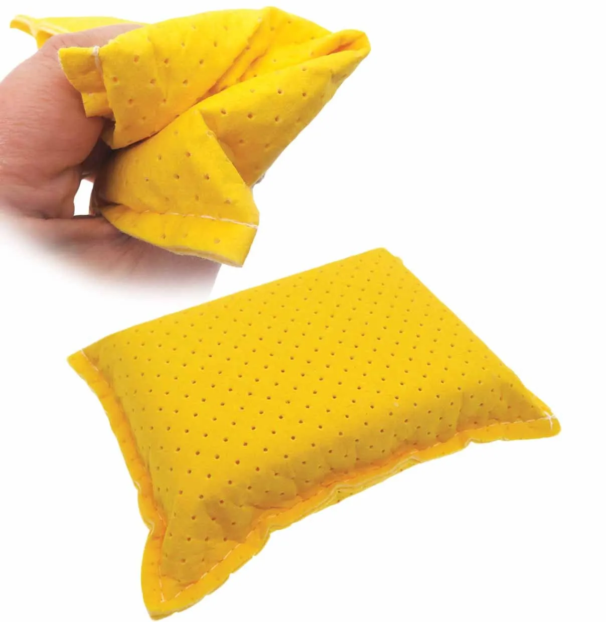 Hand holding and folding a yellow perforated window defogging sponge showing texture and stitched edges