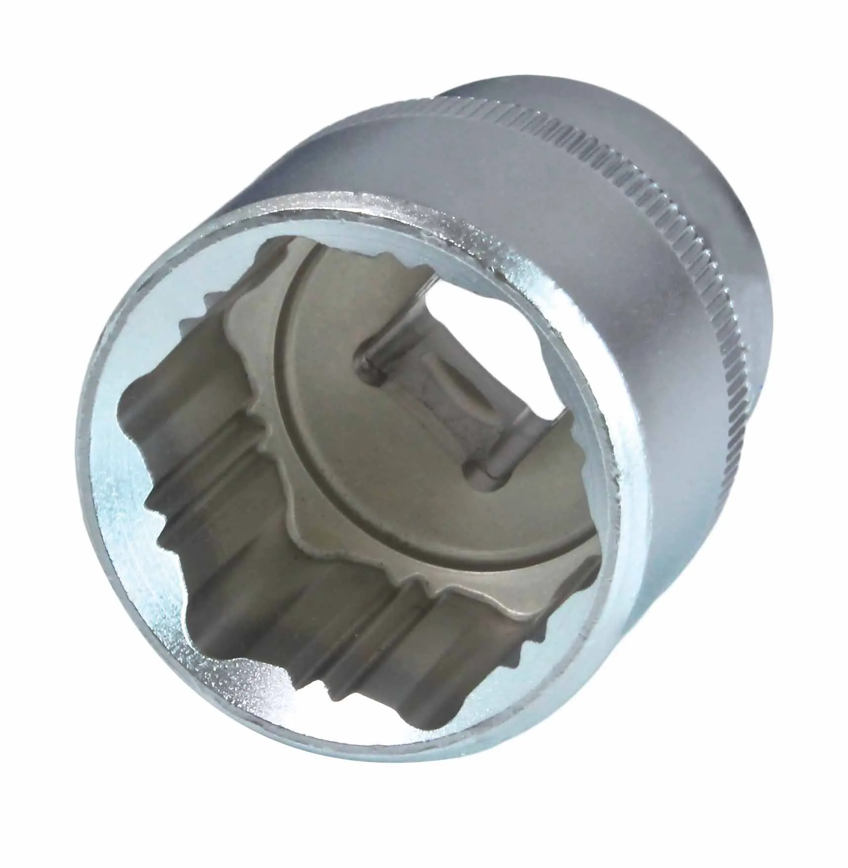 Close-up of a chrome socket interior revealing multi-point profile, internal tabs, and knurled exterior band.