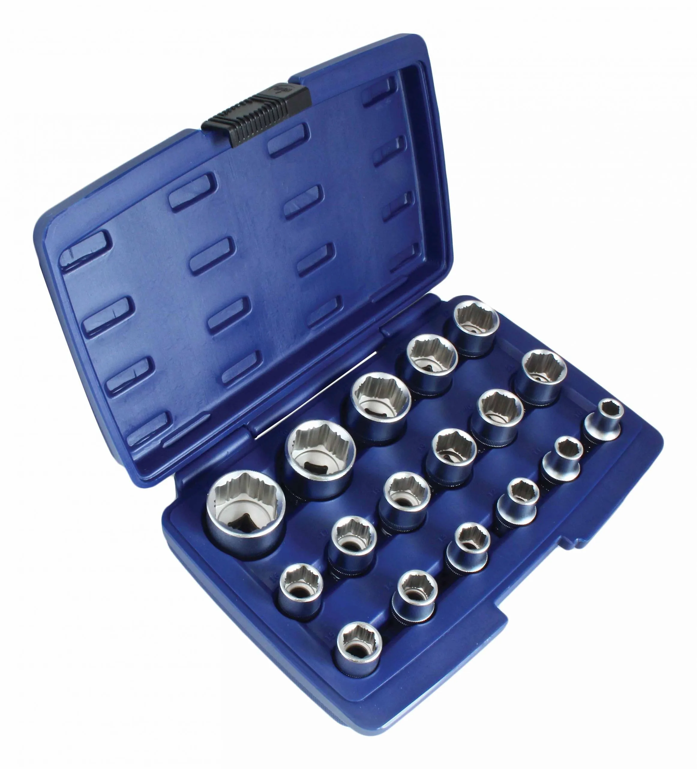 Angled view of open blue case with rows of chrome sockets of varying sizes and a black latch on the lid.